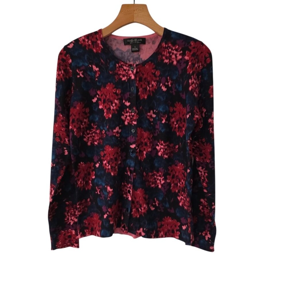 August Silk Floral Cardigan Sweater‎ Blue Red Button Up Colorful Womens Small